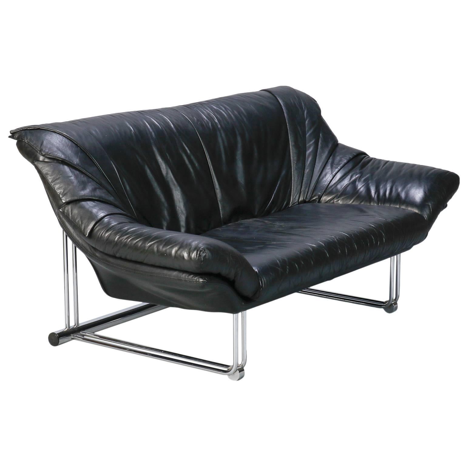 Midcentury Black Leather Sofa with Chrome Base