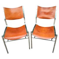 Leather Side Chairs with Stainless Steel Frames from Michael Ryan Co, Pair