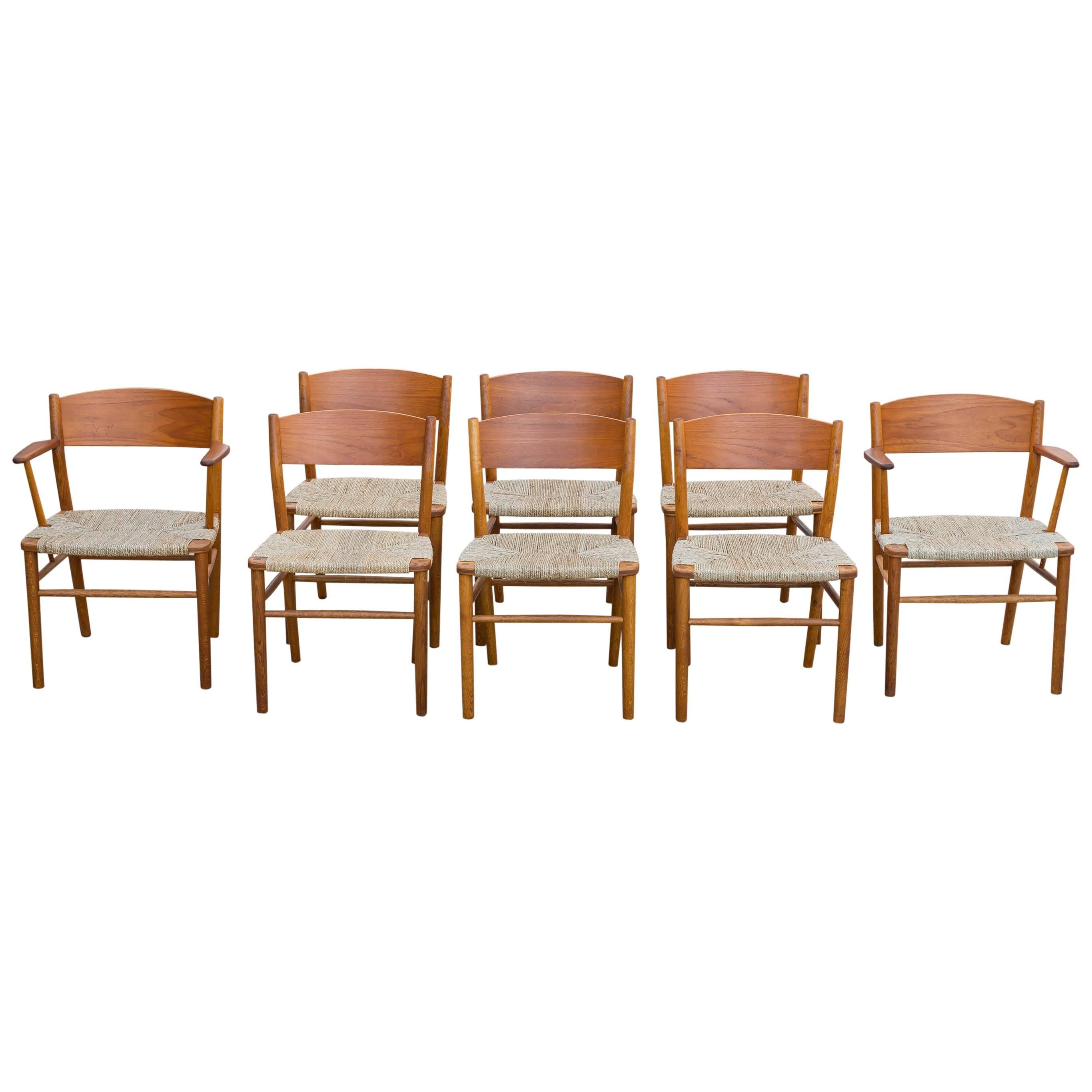 Vintage Børge Mogensen Set of Eight Grass Seat Dining Chairs For Sale
