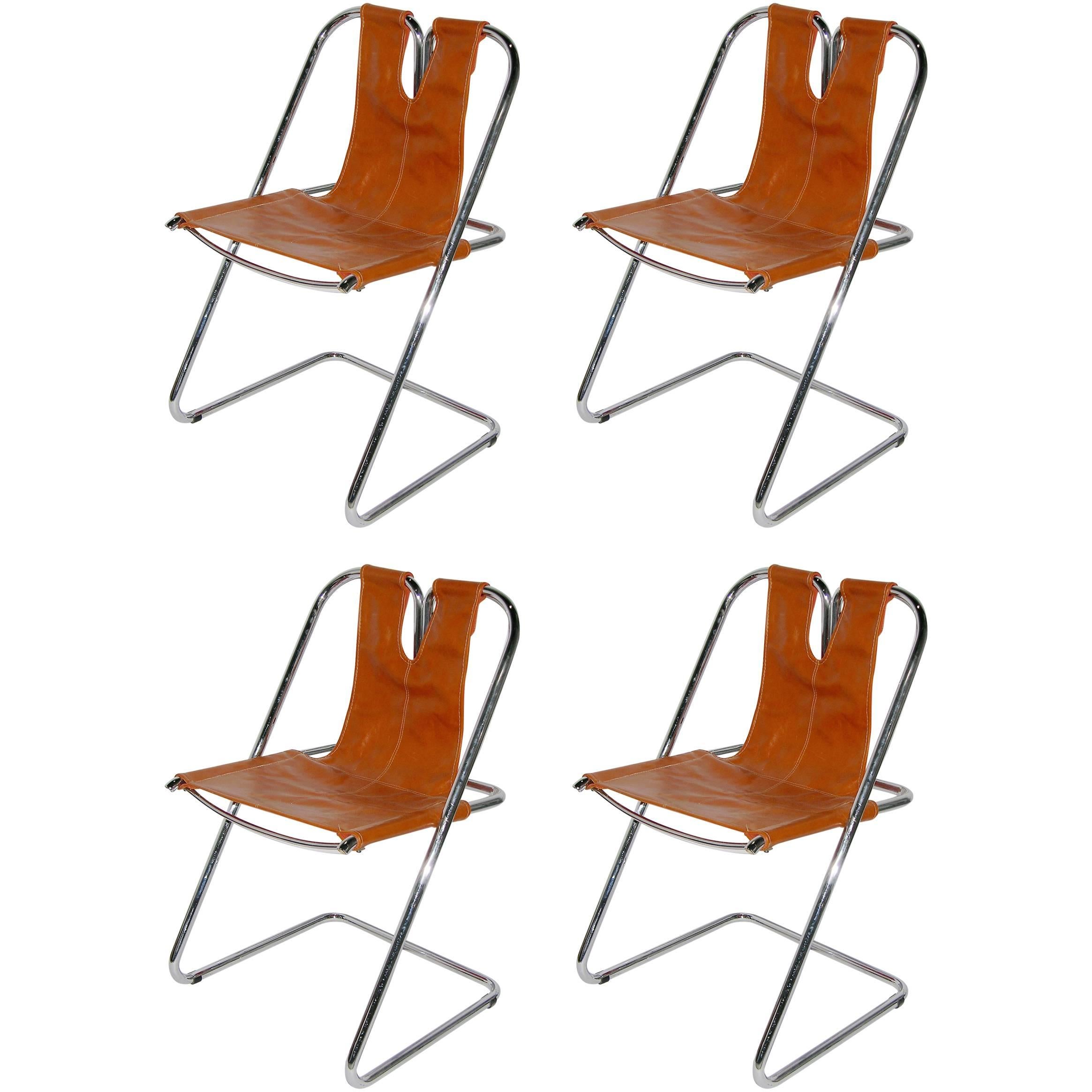 1960s Italian Set of Four Hand-Stitched Leather and Chrome Chairs For Sale