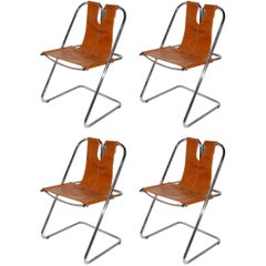 Used 1960s Italian Set of Four Hand-Stitched Leather and Chrome Chairs