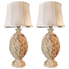 Pair of Carved White Alabaster Table Lamps