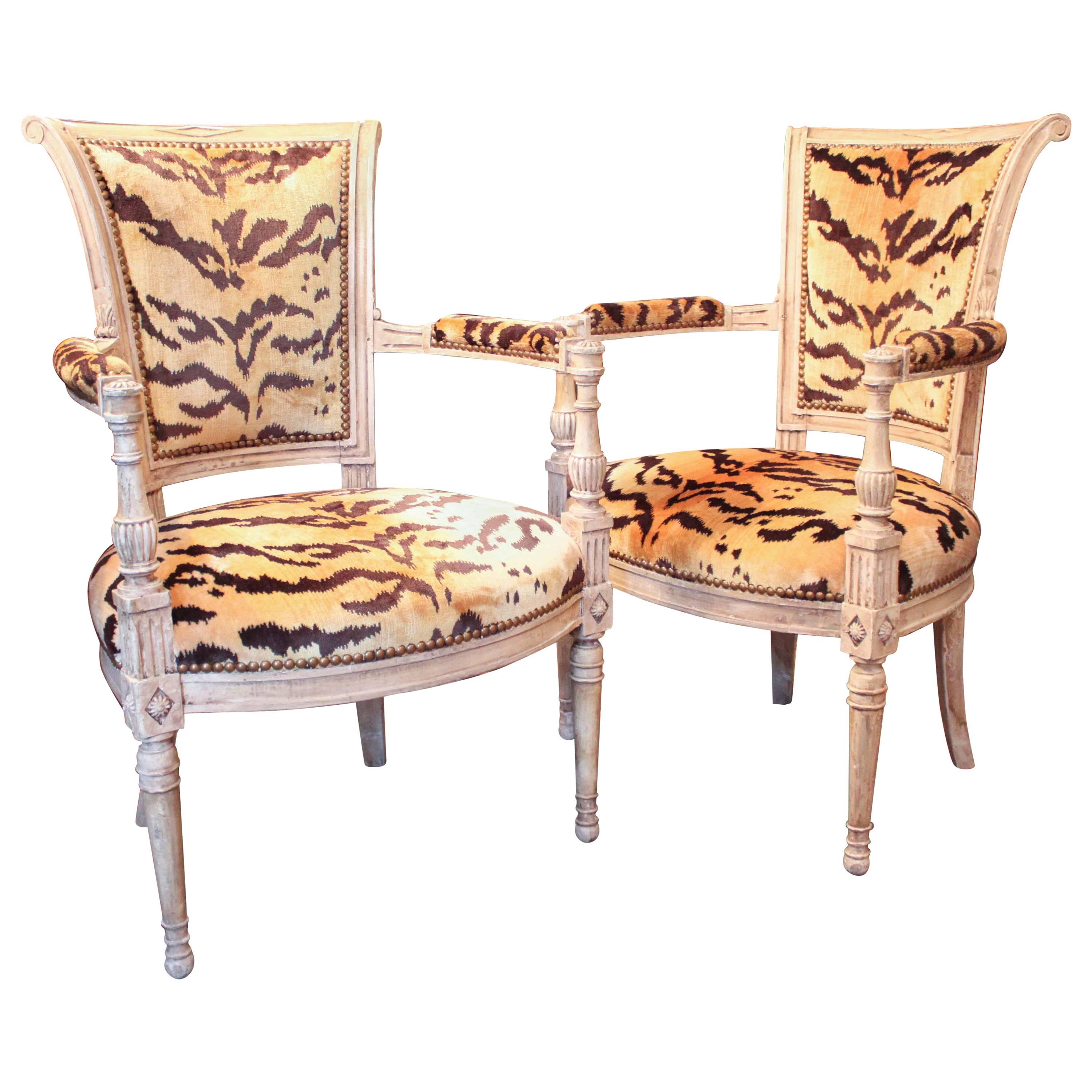 Pair of Louis XVI Painted Armchairs with Tiger Silk Velvet Upholstery For Sale