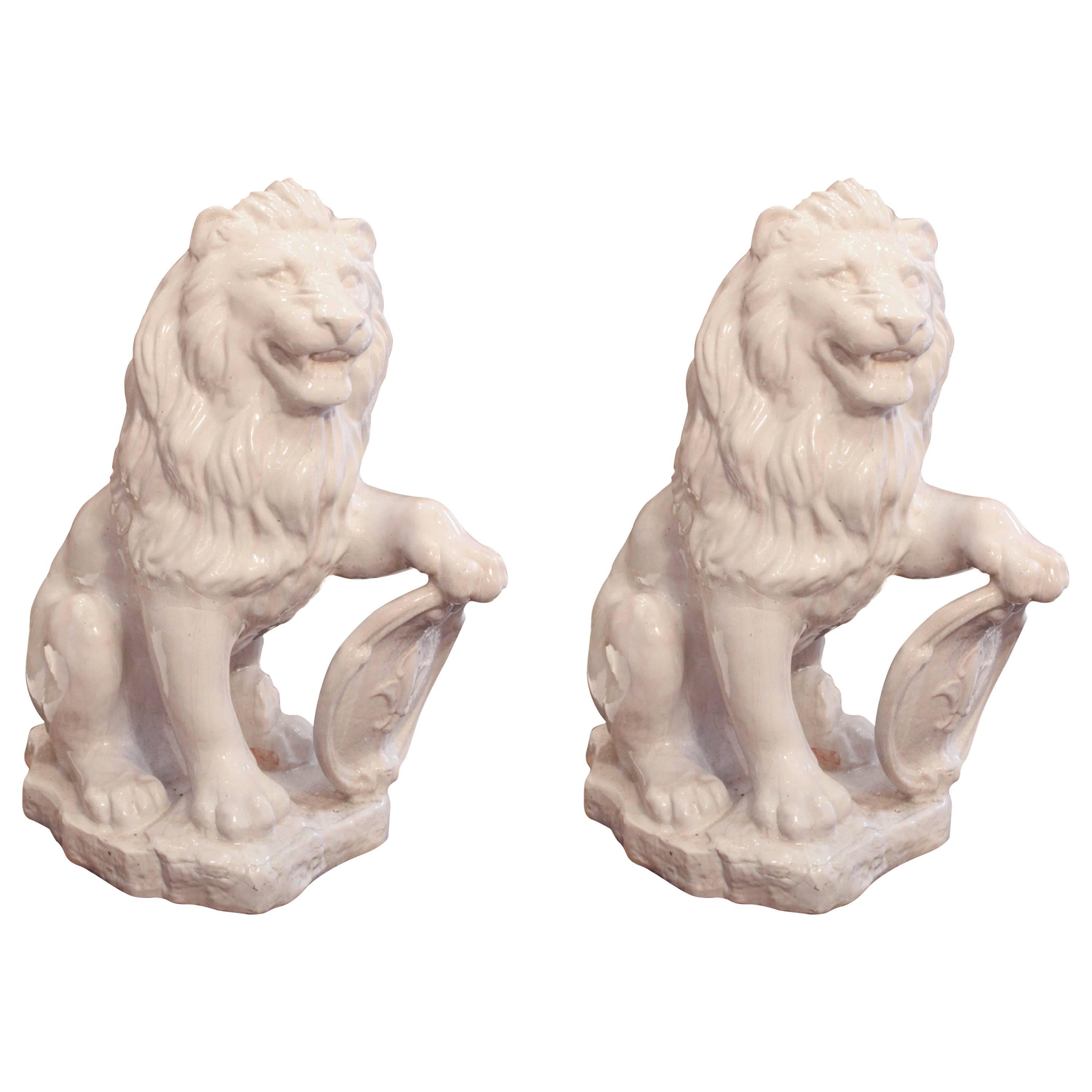 Pair of White Terra Cotta Lions For Sale