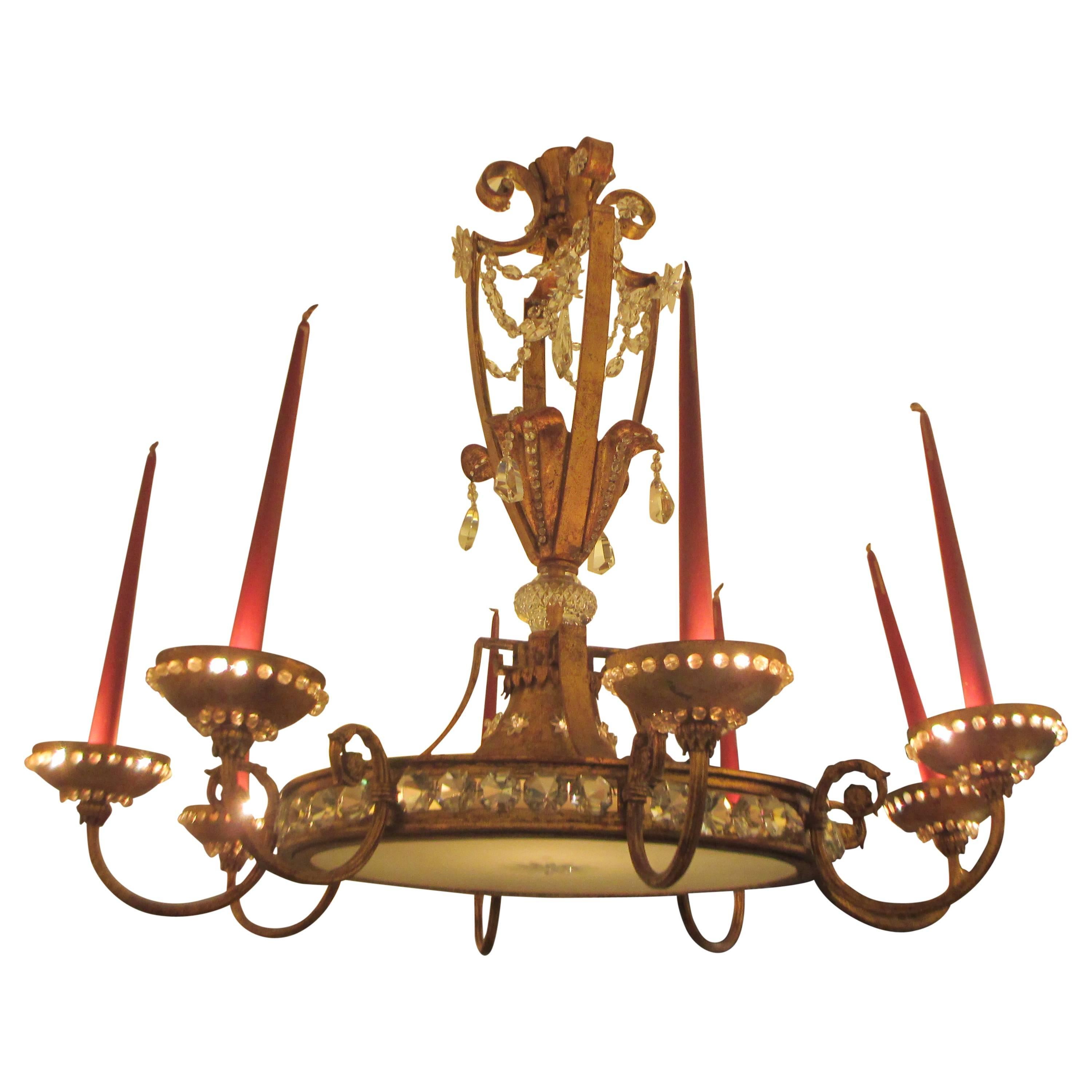 Exceptional Bagues Gilt-Iron and Crystal Chandelier with Eight Arms