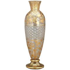 Belle Époque Bohemian Glass Vase with Gilded Repoussé & Faceted Crystals