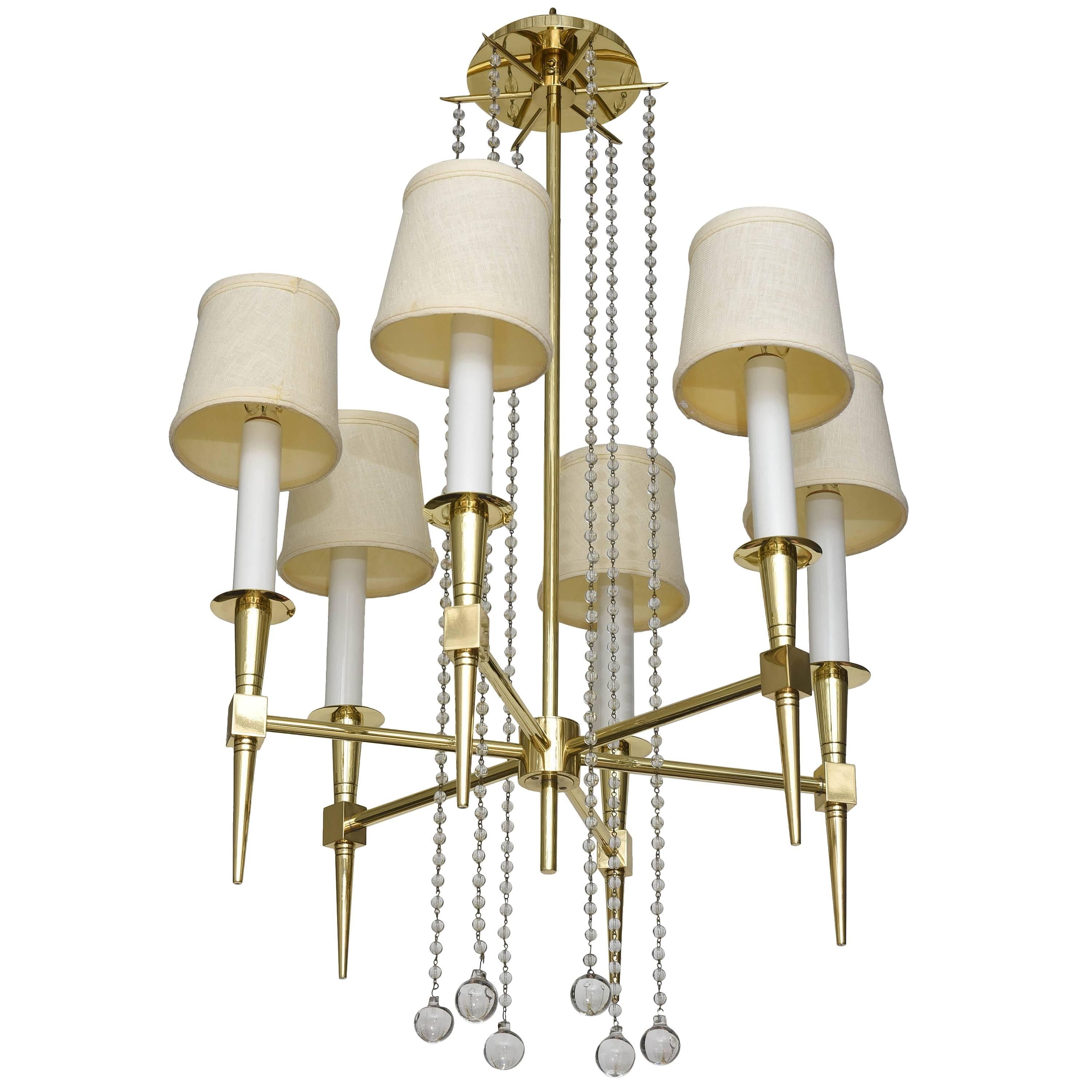 Polished Brass and Glass Beaded Chandelier by Tommi Parzinger For Sale