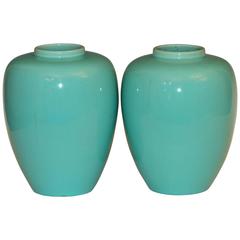 Vintage Pair of Art Deco Awaji Pottery Ginger Jar Vases Aqua Glaze
