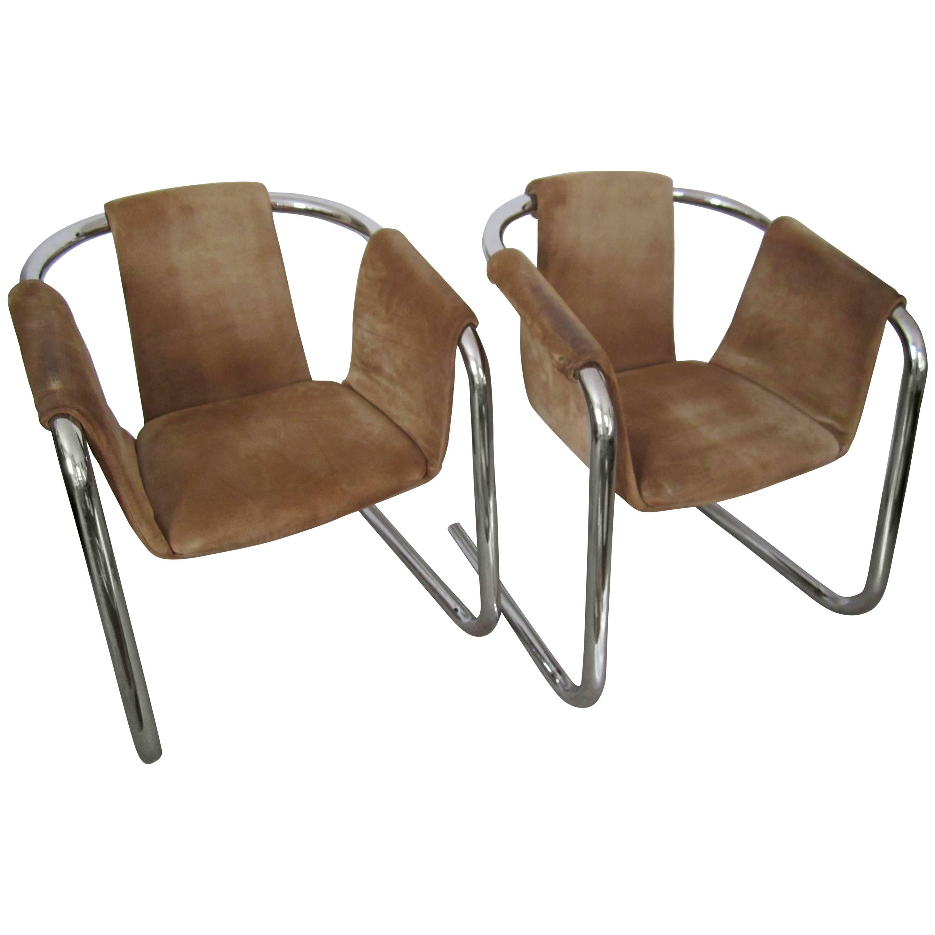 Postmodern Tubular Chrome Suede Sling Arm Cantilever Lounge Chairs, 1970s, Pair