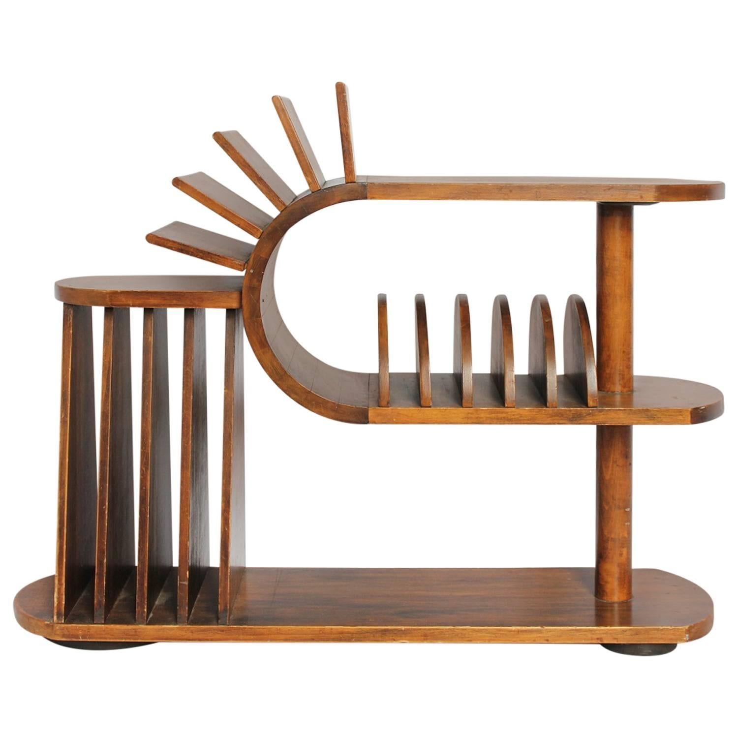 Art Deco Three-Tier Wood Magazine Rack and Table