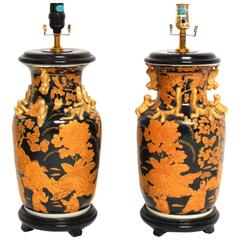 Antique Chinese Famille Noir Foo Dog Table Lamps