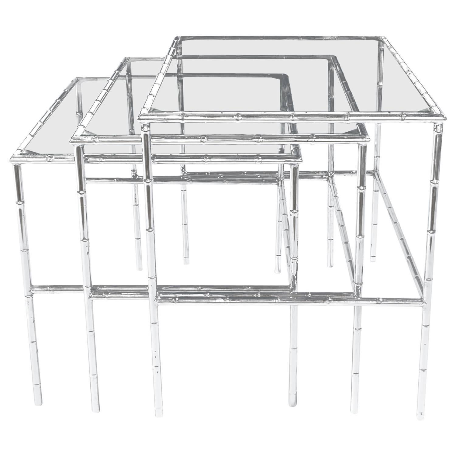 Set of Three Chrome Bamboo and Glass Nesting Tables For Sale