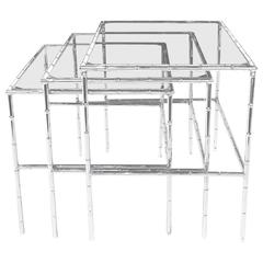 Set of Three Chrome Bamboo and Glass Nesting Tables