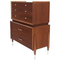 Sculptural Base Walnut Mid-Century Modern High Chest Dresser
