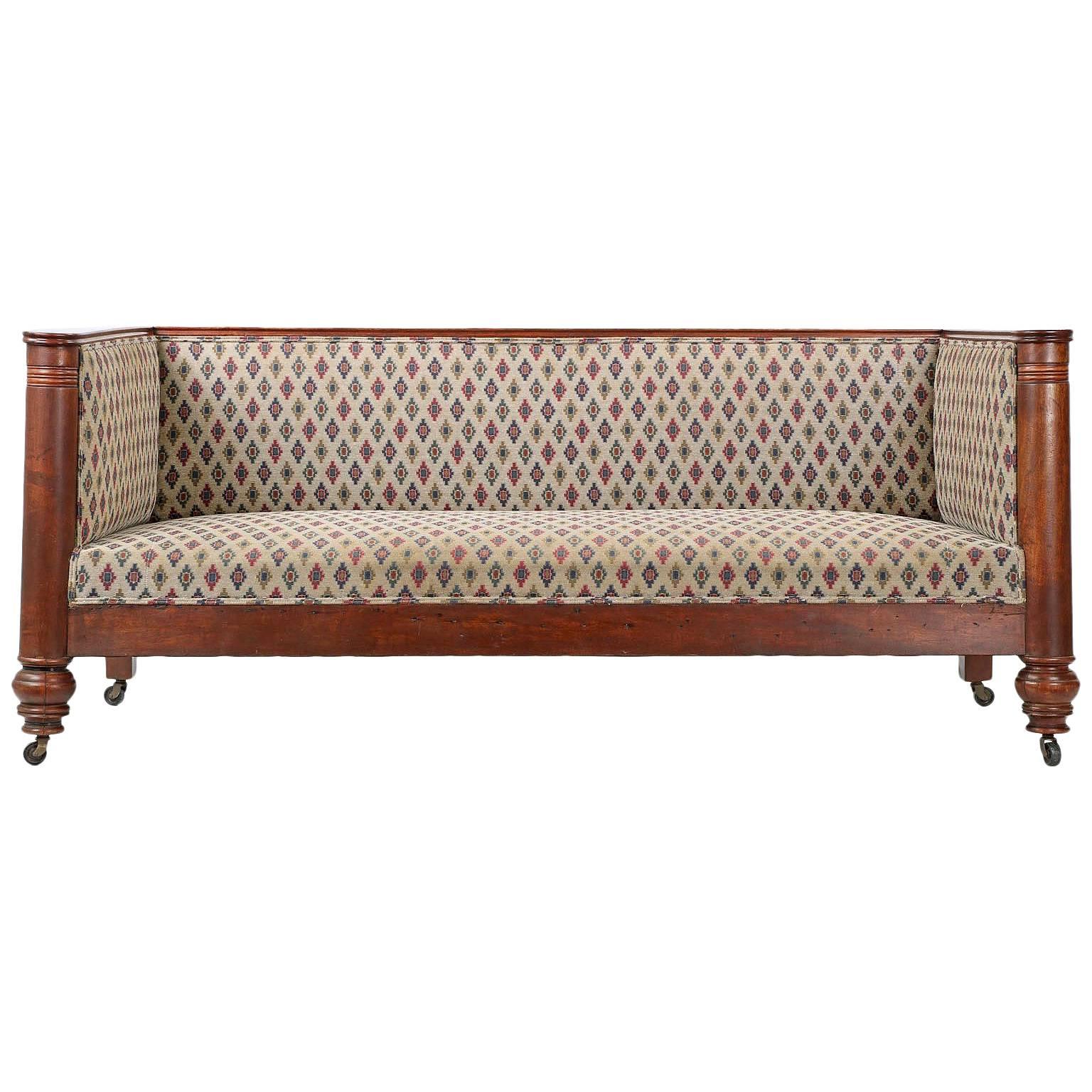 19th Century Empire Box Form Antique Sofa Settee with Barrel Column Arms