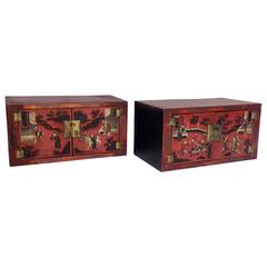 Pair of Red Asian Polychrome Lacquer Nightstands