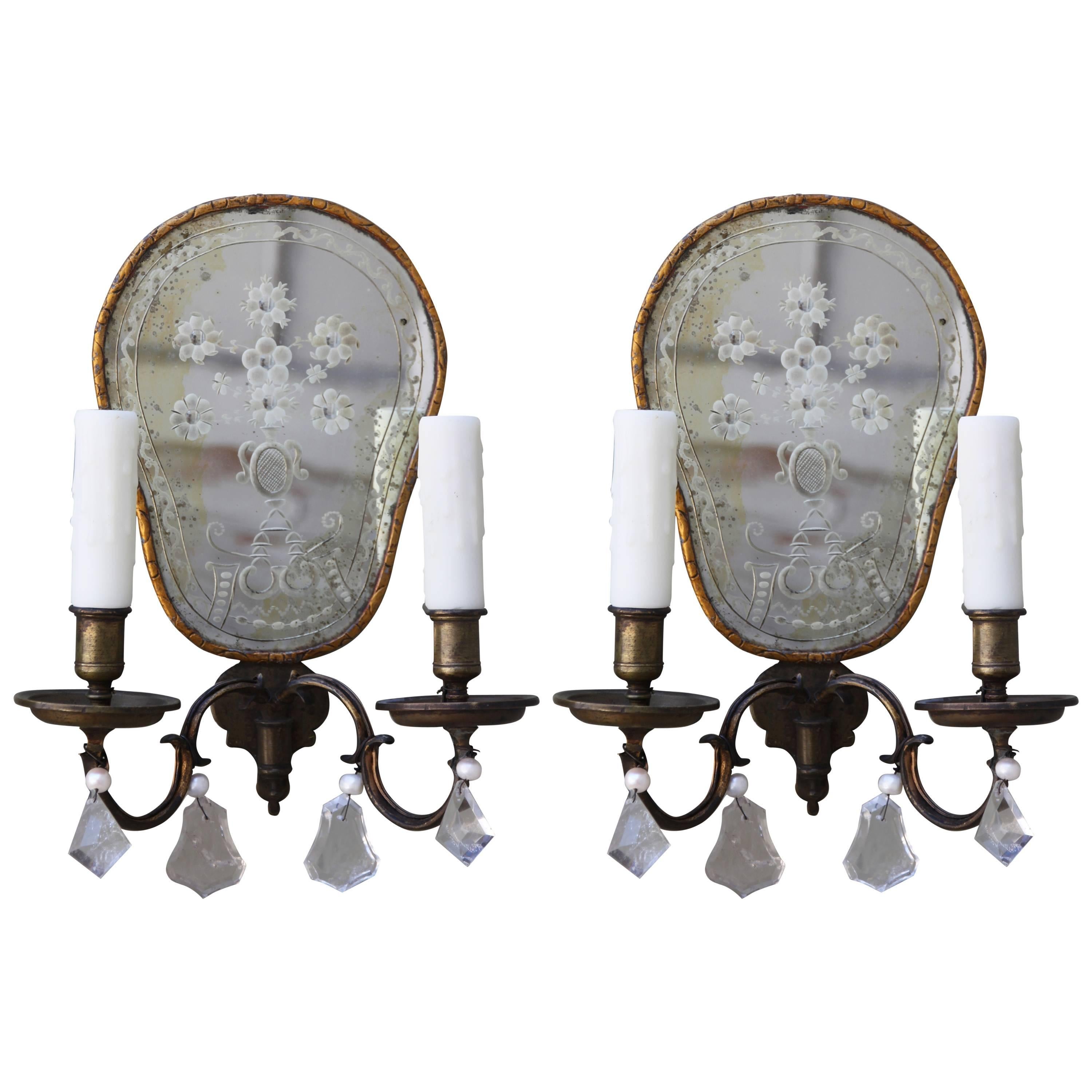 Pair of Two-Light Venetian Etched Mirrored Sconces