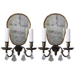 Antique Pair of Two-Light Venetian Etched Mirrored Sconces