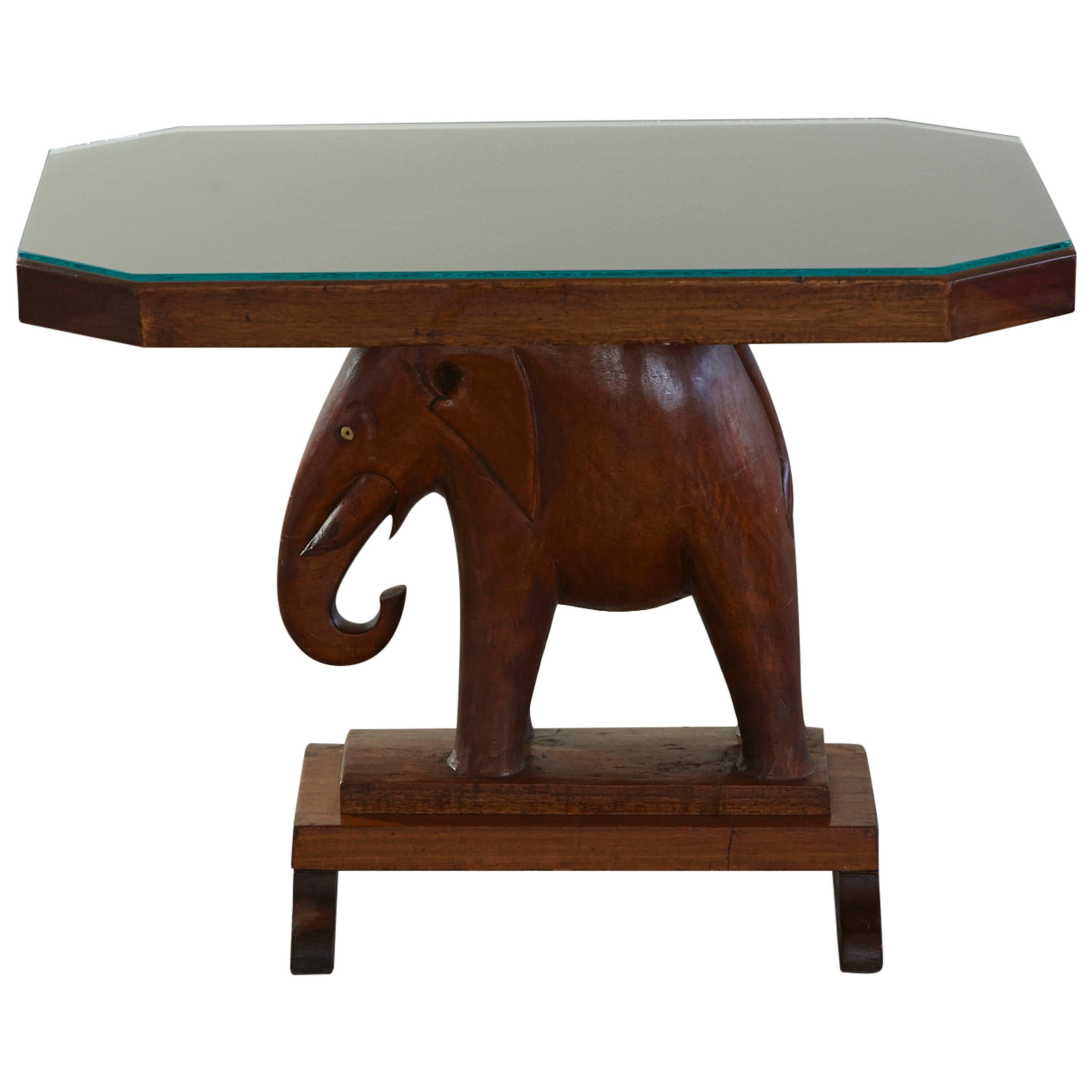 Nigerian Mahogany End Table with Carved Elephant Base, circa 1940s