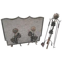Vintage Sun Flower Hand-Forged Fireplace Set by Patrice Humbert