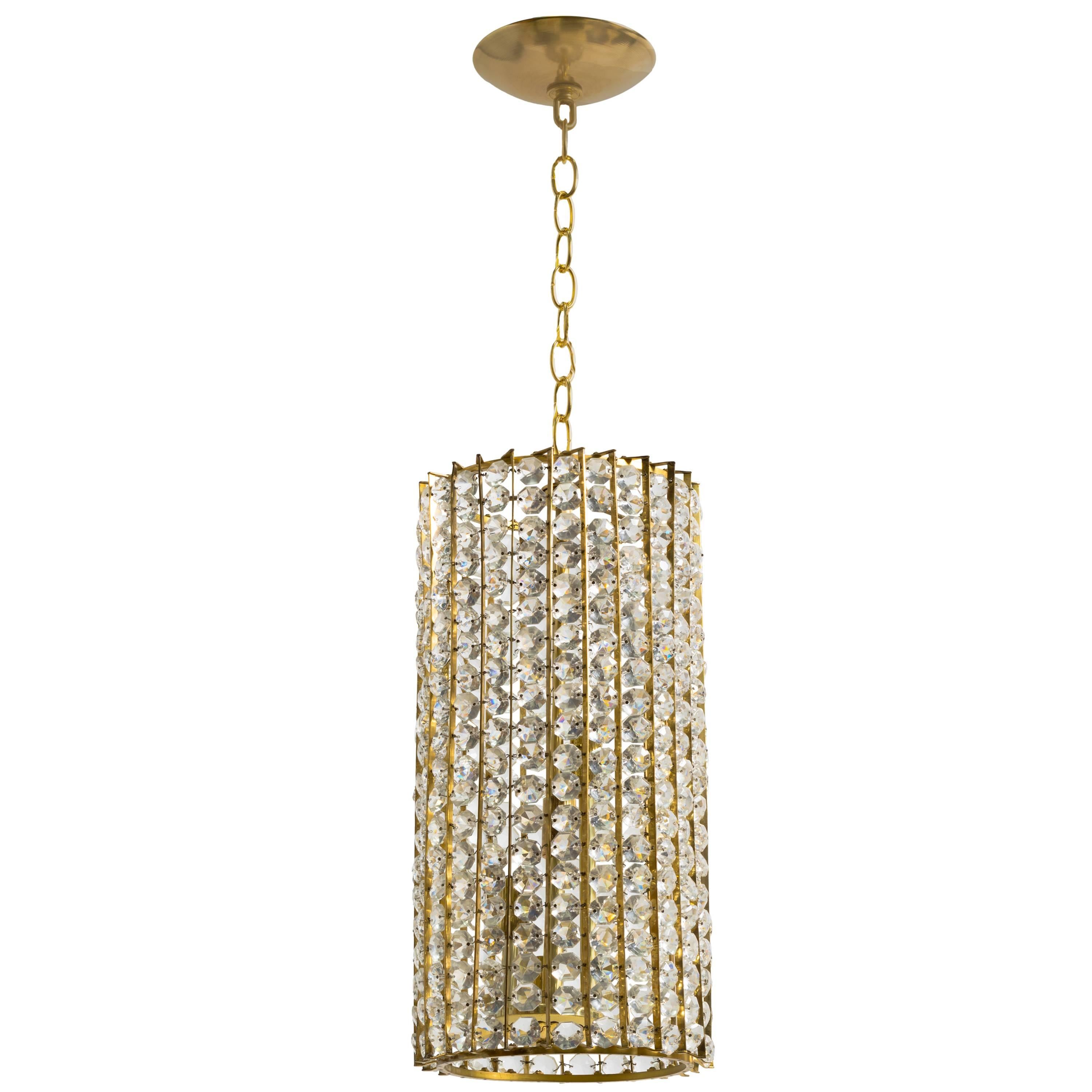 Midcentury Brass and Glass Cylindrical Chandelier