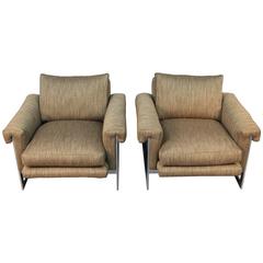 Pair of Chrome Frame and Brown Tweed Newly Upholstered Lounge Chairs