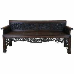 19th Century Chinese Carved Hardwood Bench 