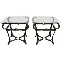Jacques Adnet Style Cast Iron Leather Strap Tables