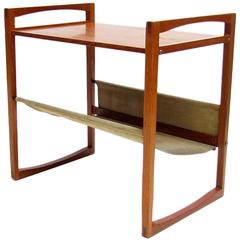 Graceful Danish Side Table and Magazine Rack in Teak and Suede