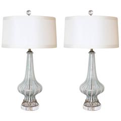 Pair of Blue and White Dino Martens Mezza Filigrana Lamps, circa 1950