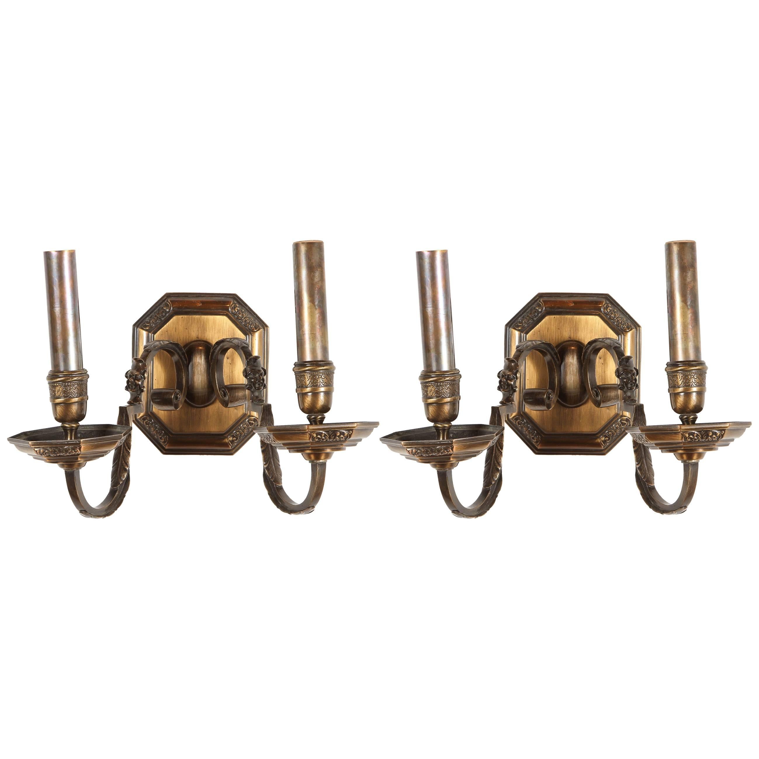 Pair of American Bronze Double Sconces For Sale