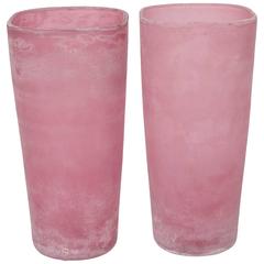Pair of Large-Scale Pink Scavo Glass Vases by Cenedese