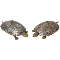 Mexican Mid-Century Abalone and Brass Turtle Serving Bowls
