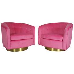 Extravagant Pair of Velvet Lounge Chairs with Polished Bronze Bases, 1970s