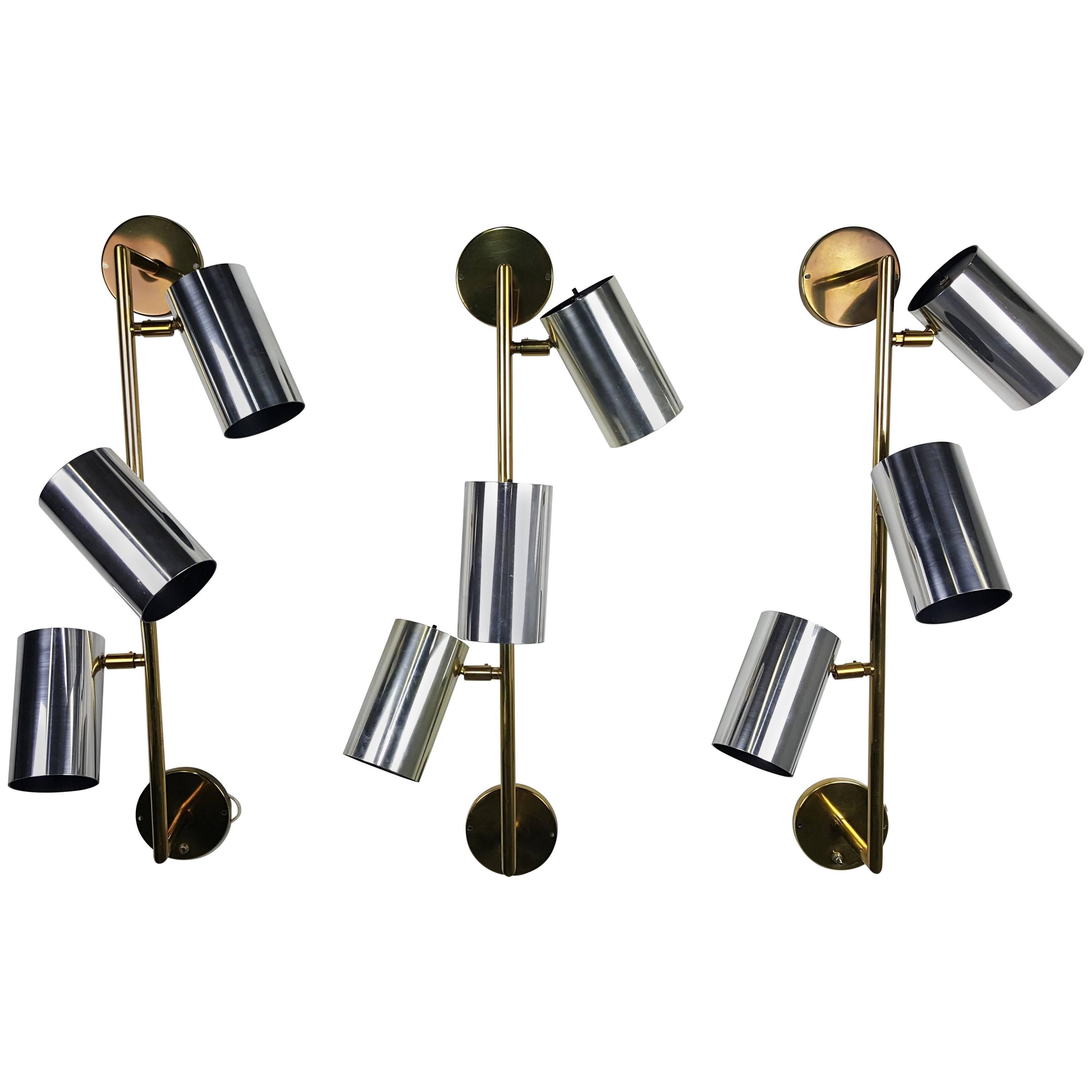 Massive Brass and Chrome Architectural Wall Sconces by Koch and Lowy