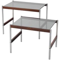 Set of Two Nesting Tables with Brushed Steel and Wood