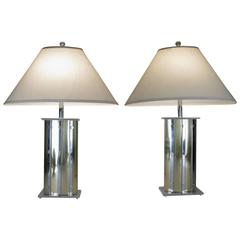 Vintage Pair of 1970s Brass, Chrome and Lucite Table Lamps