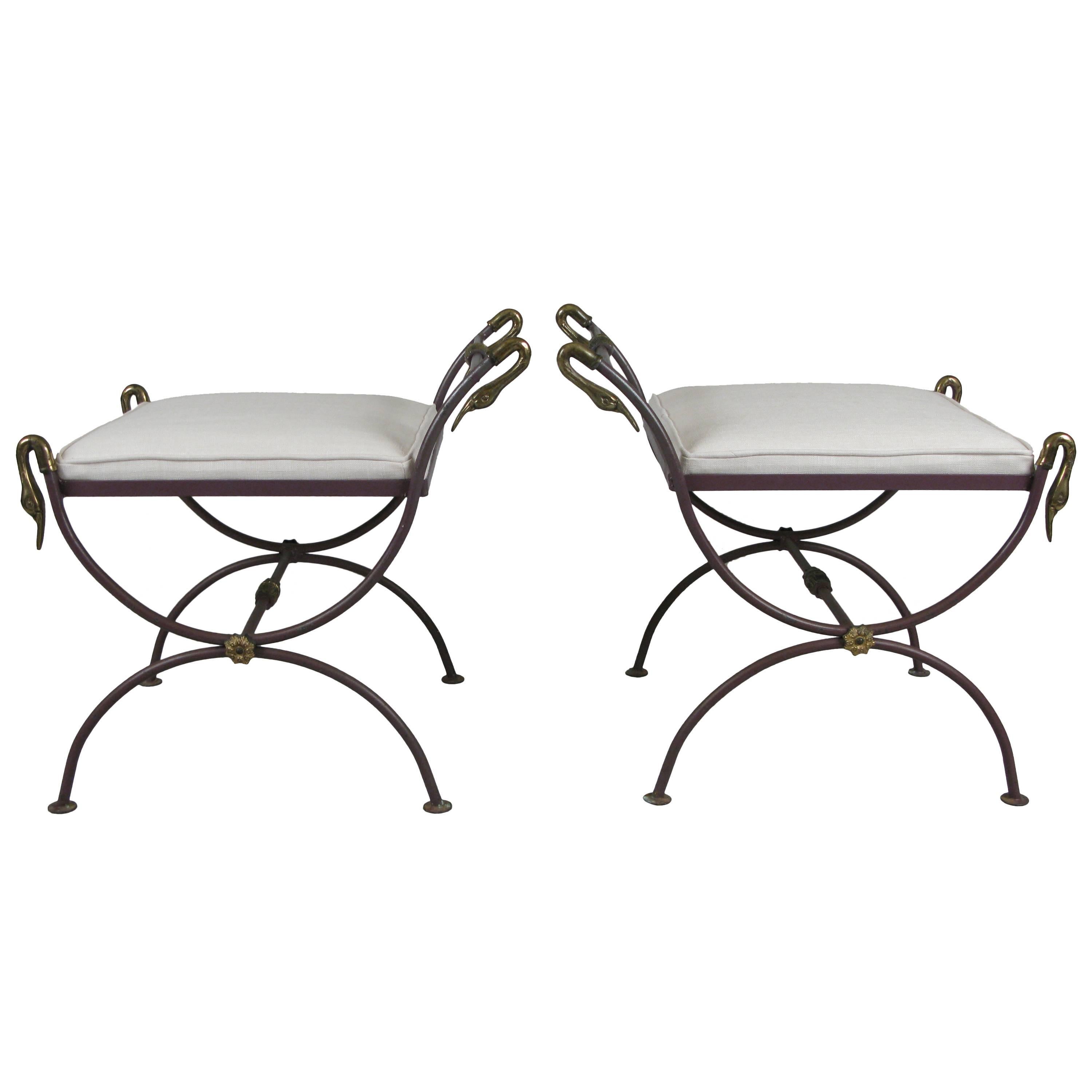 Pair of Neoclassical Iron and Brass Swan Benches