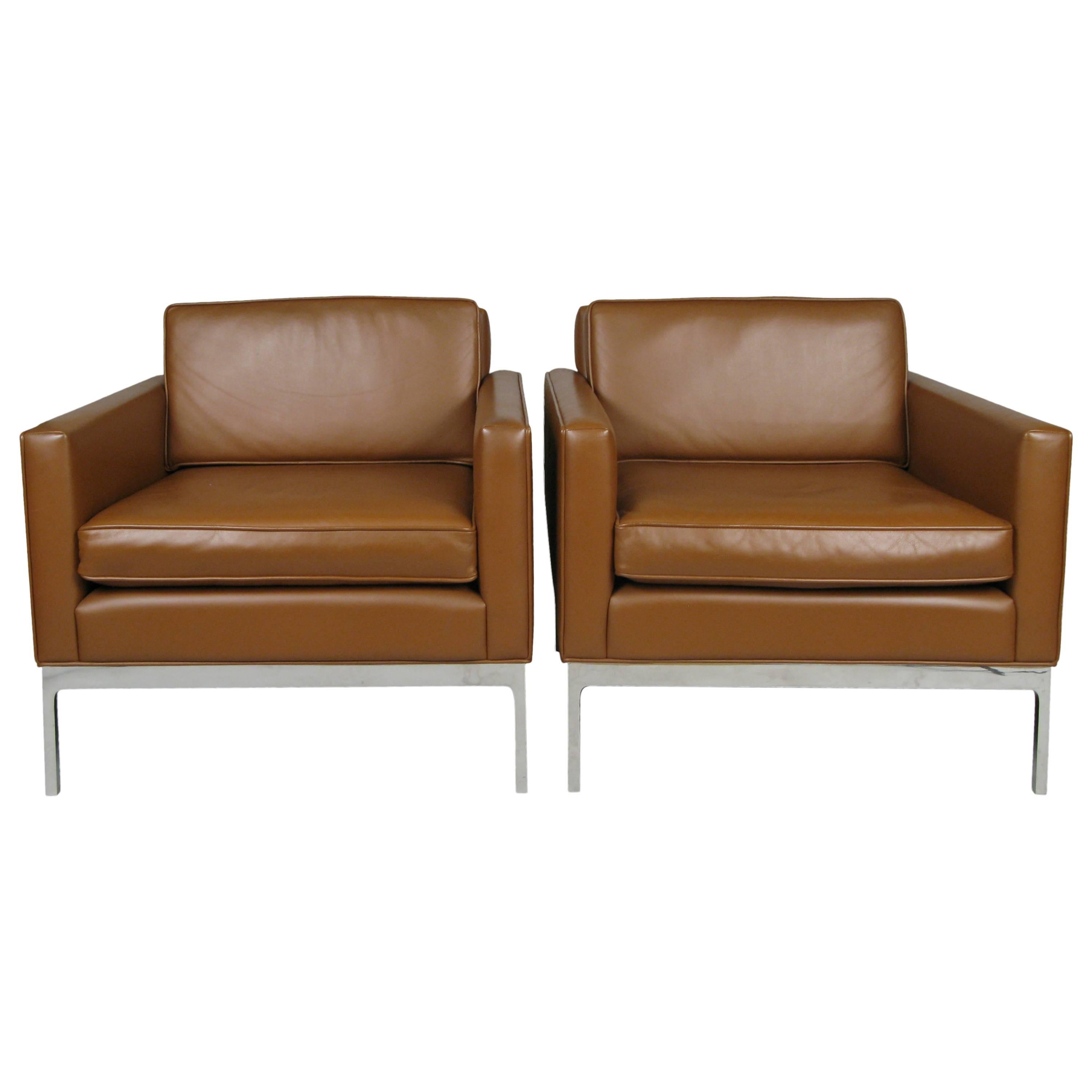 Pair of Leather and Polished Steel Lounge Chairs by Nicos Zographos