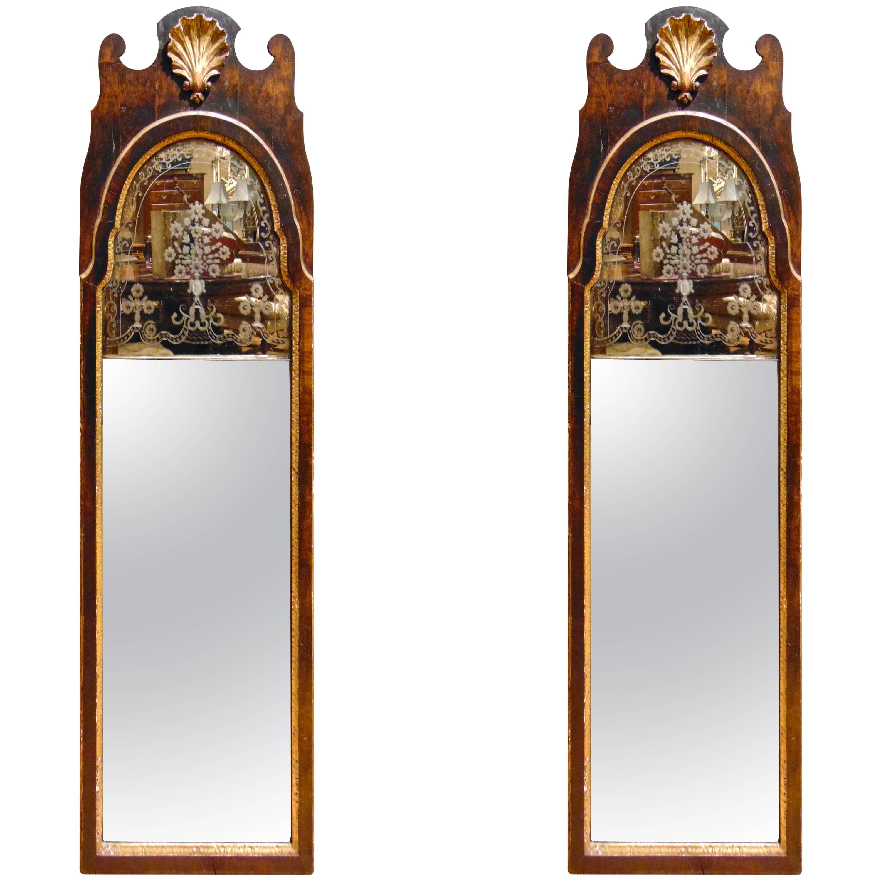 Pair of Period George II Walnut and Gilt Etched Glass Mirrors