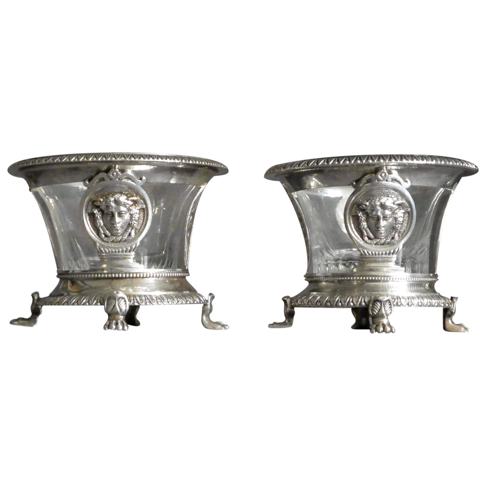 Pair of French Neoclassical silver salts. Pair of exquisite French silver salts with open work mercury medallions and leaf and bead detailing at rim and base, on paw feet with original ribbed glass liners. Hallmark for L Ruchmann, Paris, circa