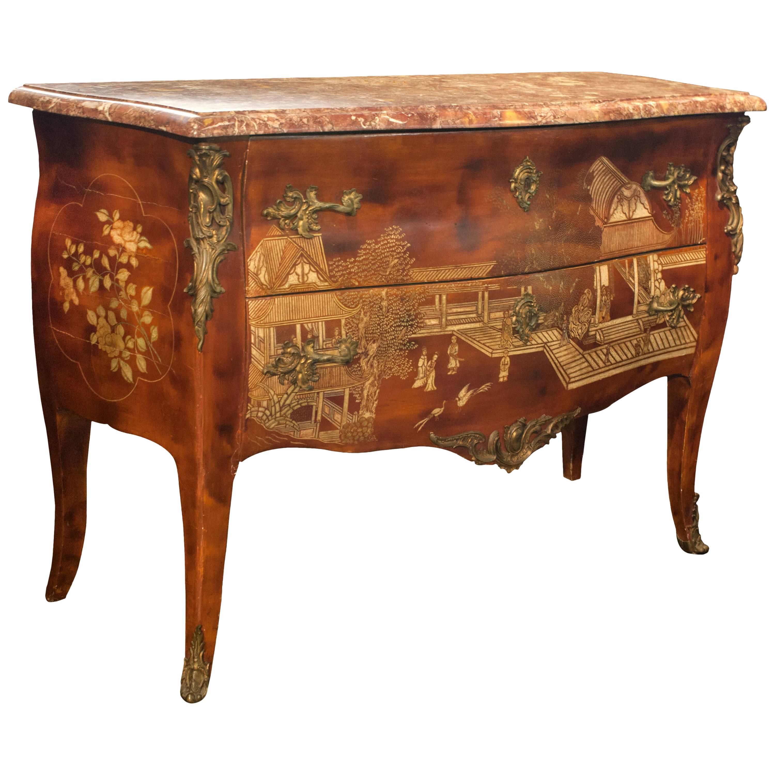 Commode de style Louis 15 du 19e siècle en laque brune et bronze Chinoiserie