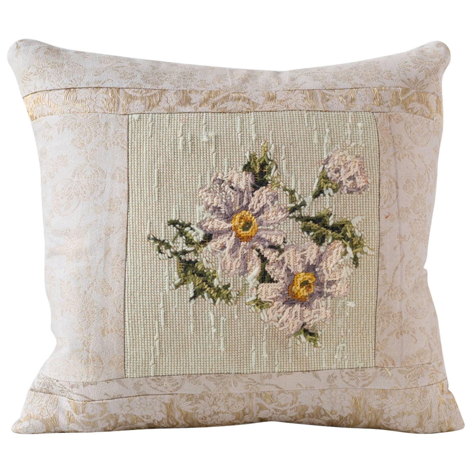 Reverse Needlpoint Pillow with Japanese Brocade Textile Cushion For Sale