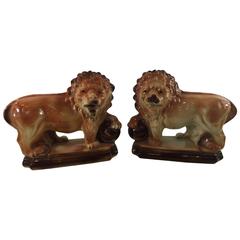 Pair of Staffordshire Standing Lions