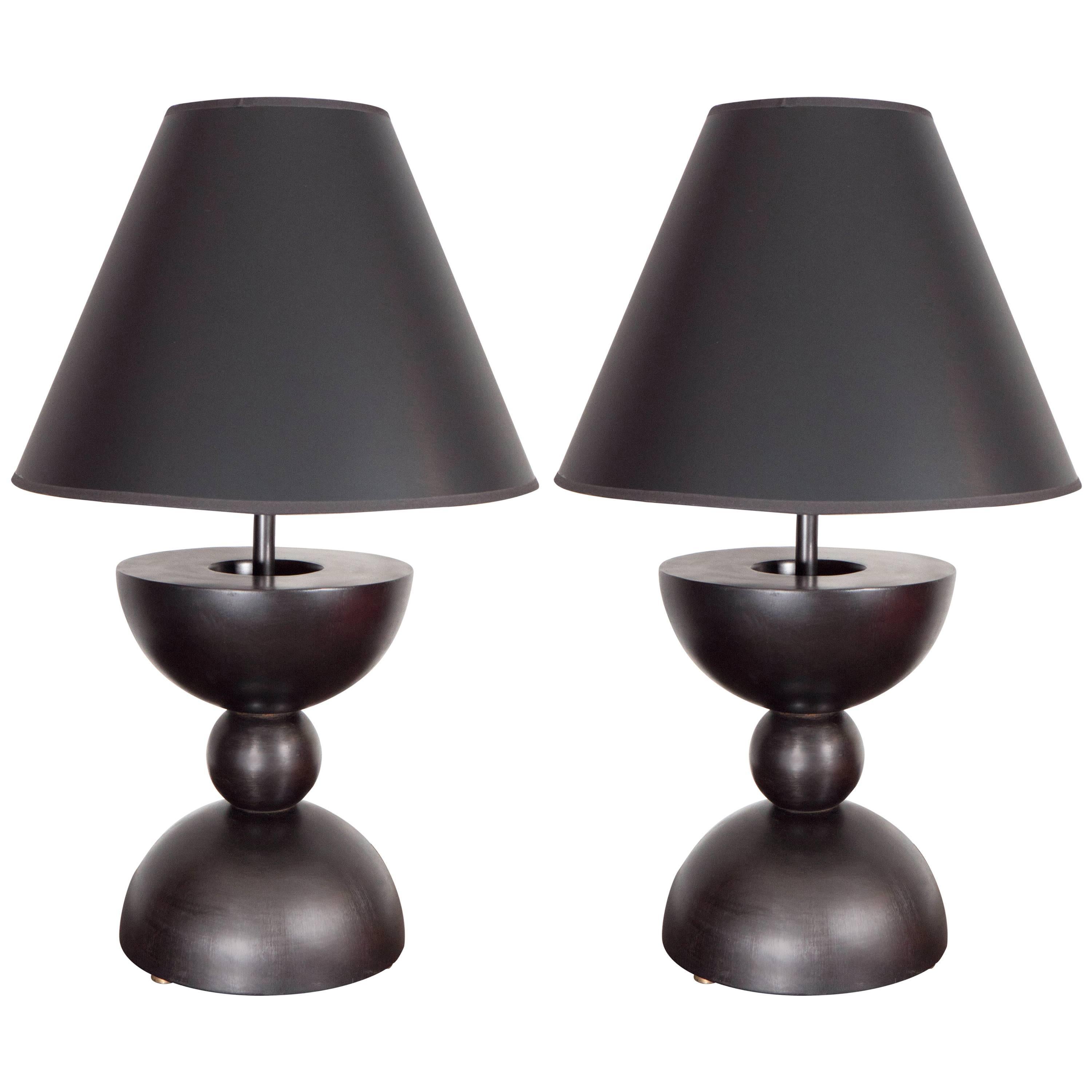 Pair of Blackened Steel Sculptural Geometric Form Steel Lamps For Sale