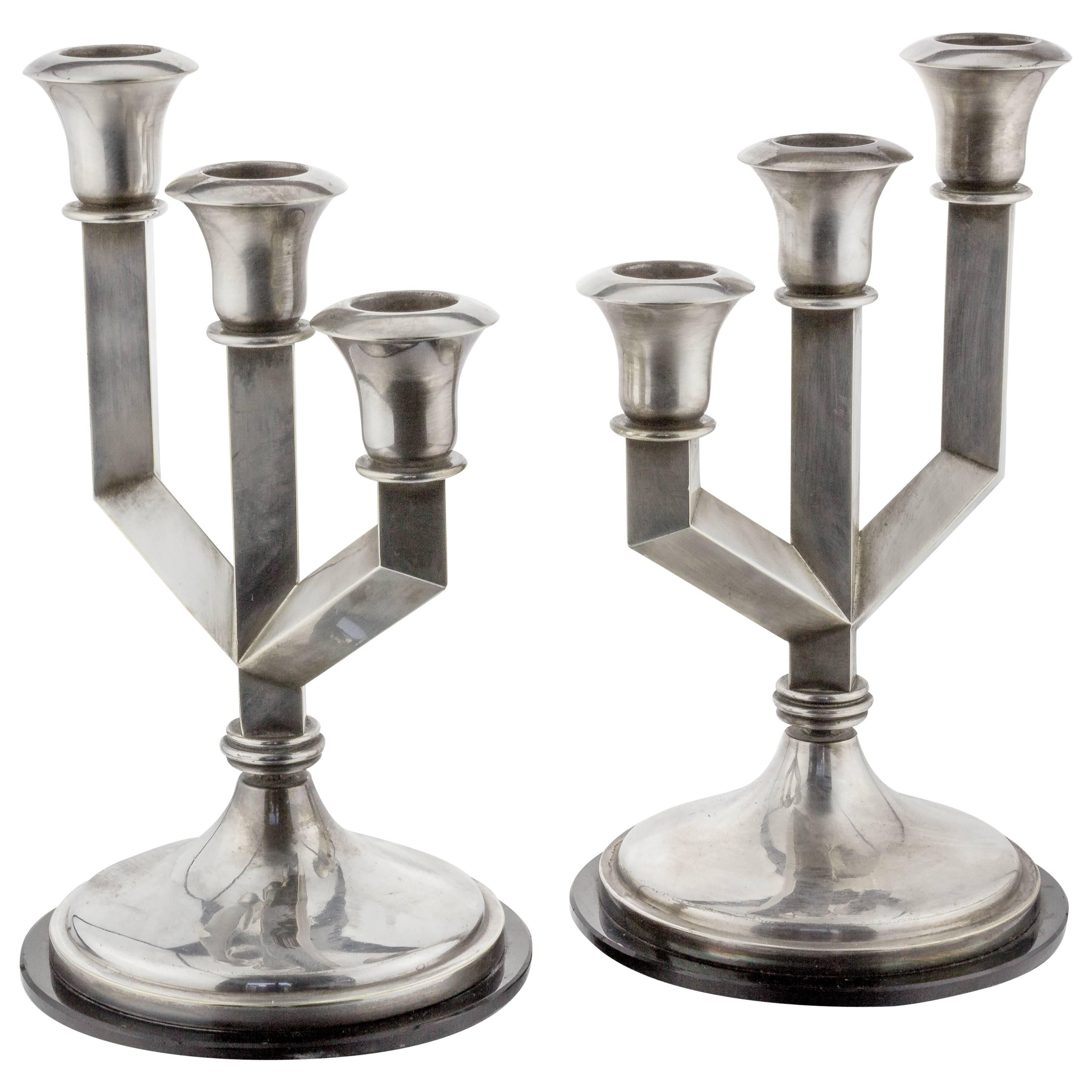 Pair of French Art Deco Silver Plated Three-Armed Candelabras For Sale