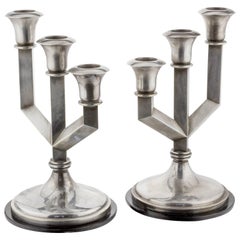 Pair of French Art Deco Silver Plated Three-Armed Candelabras