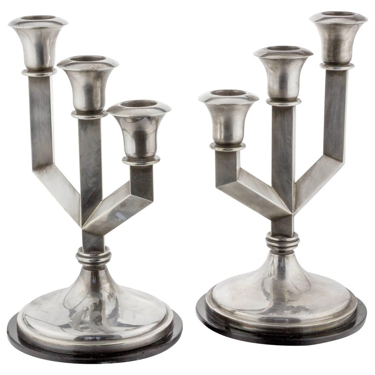 Pair of French Art Deco Silver Plated ThreeArmed Candelabras For Sale at 1stDibs
