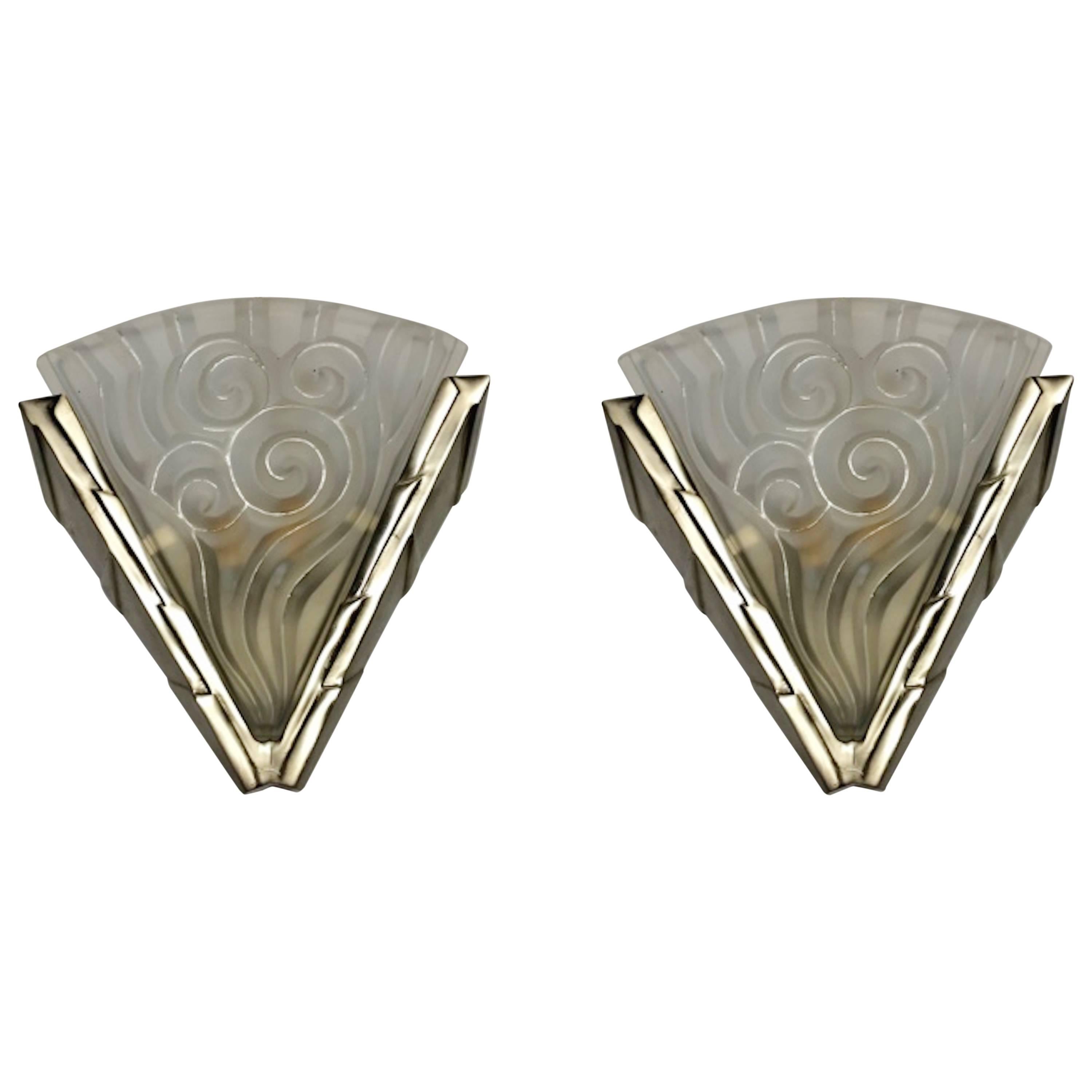 Pair of French Art Deco Wall Sconces by “Degue“ For Sale