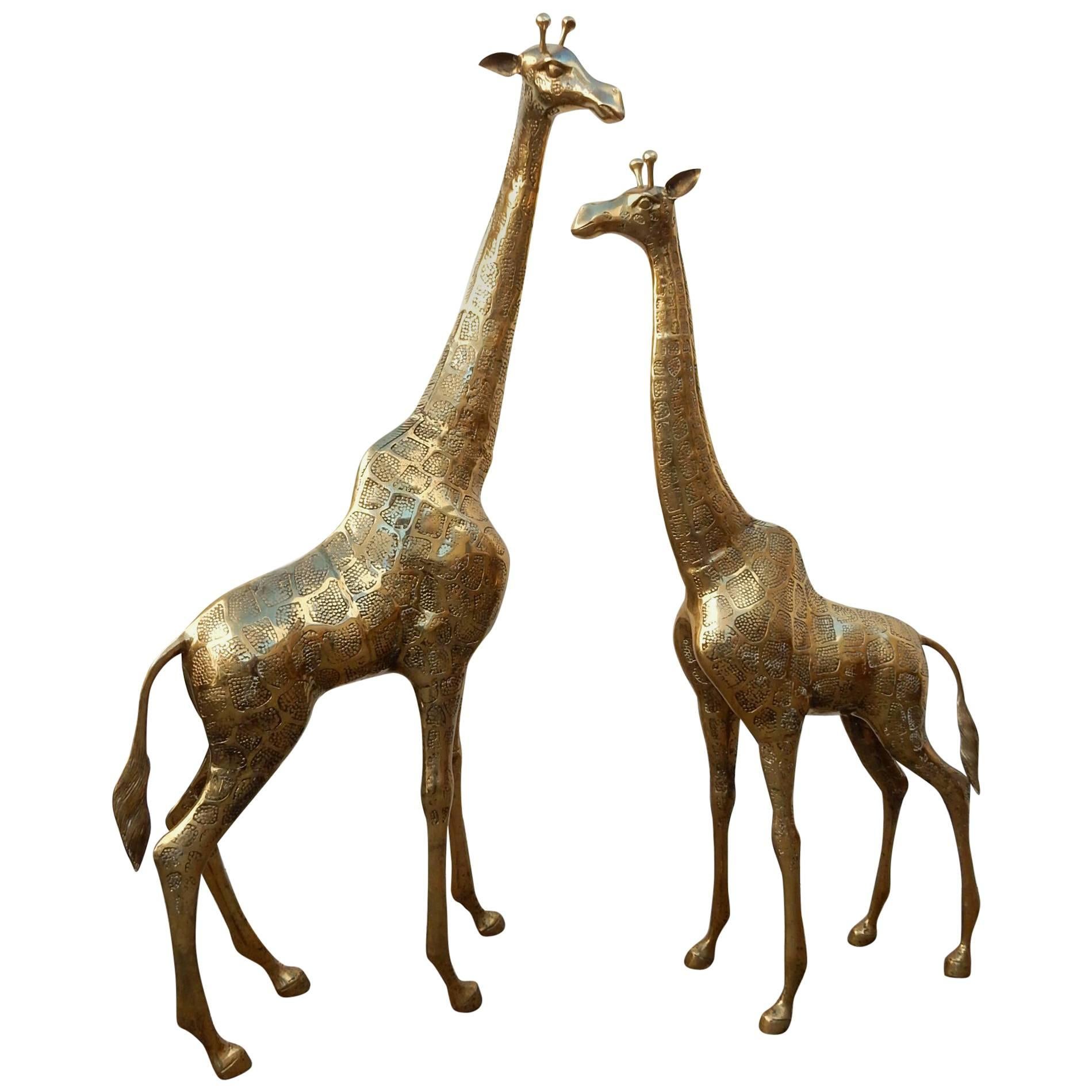 Hollywood Regency, Pair Brass Giraffe Floor Sculptures, Tall